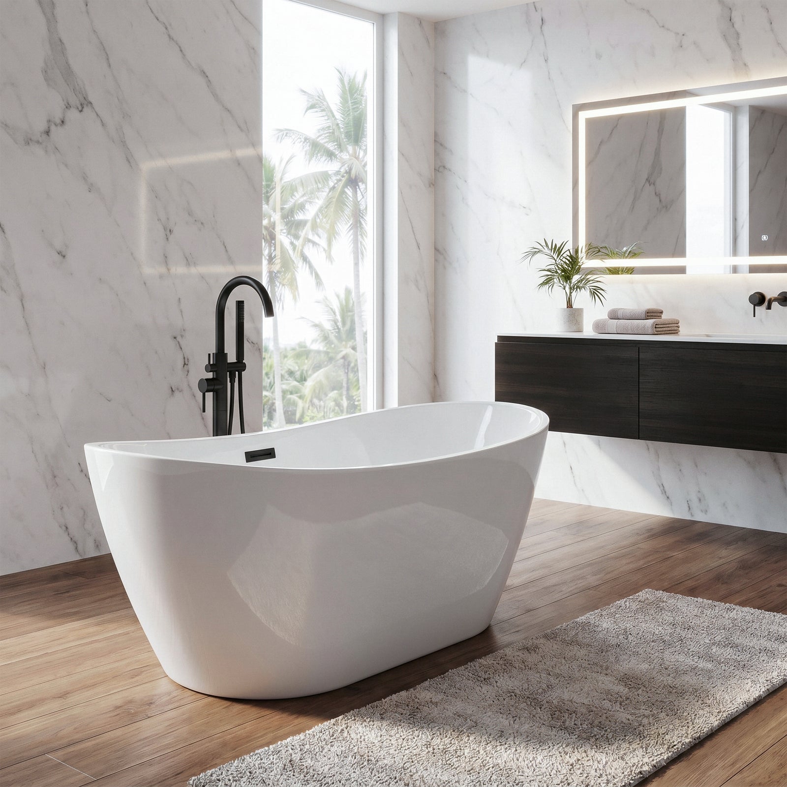 59 Inch Soaking Bathtub In Glossy White With Matte Black Trim - View 2 - Joshua Marshal