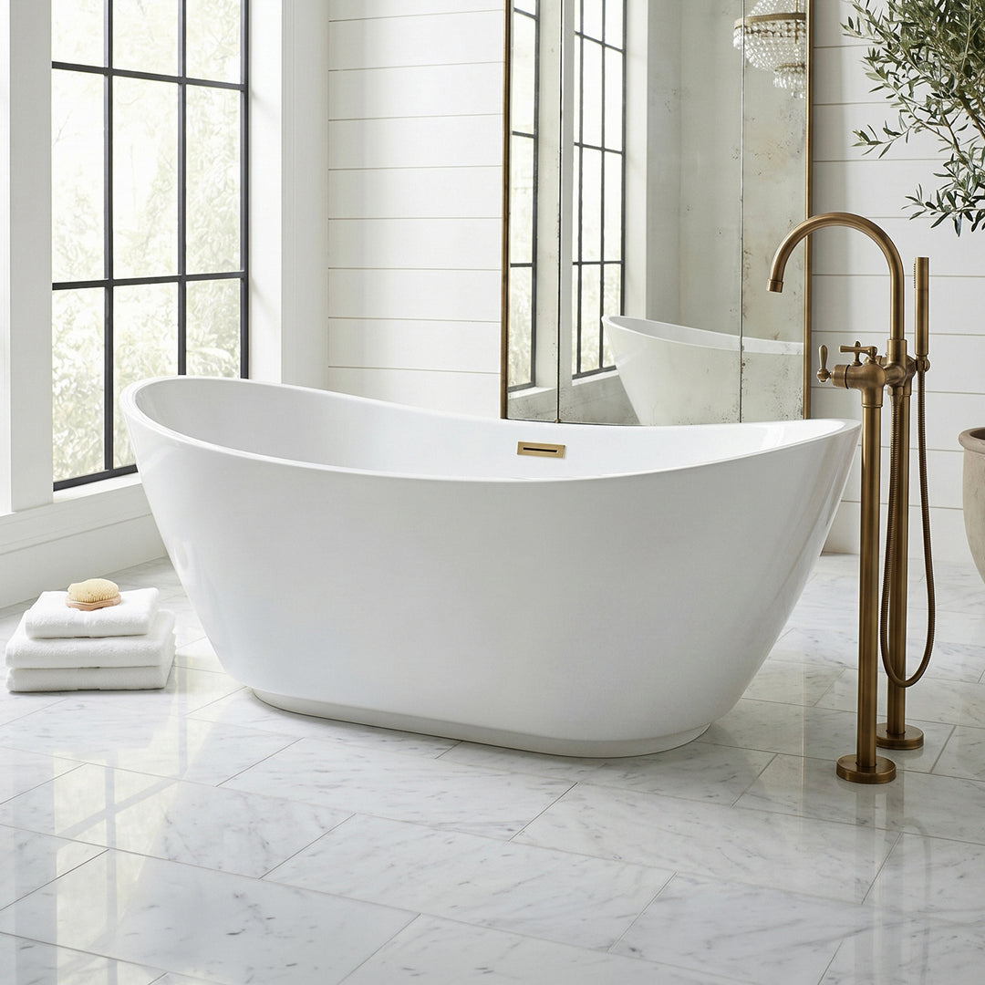 62 Inch Soaking Bathtub In Glossy White With Brushed Gold Trim Glossy White Finish - KITCHEN & BATH by Joshua Marshal