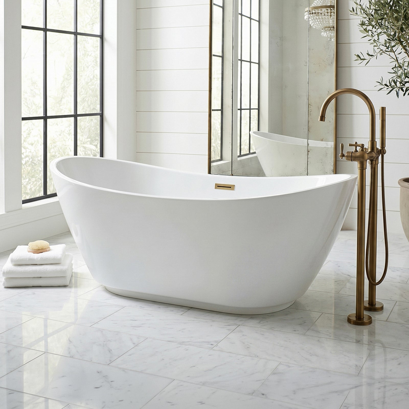 62 Inch Soaking Bathtub In Glossy White With Brushed Gold Trim Glossy White Finish - KITCHEN & BATH by Joshua Marshal
