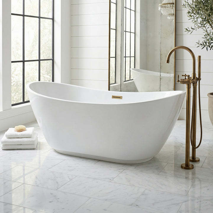 62 Inch Soaking Bathtub In Glossy White With Brushed Gold Trim Glossy White Finish - KITCHEN & BATH by Joshua Marshal