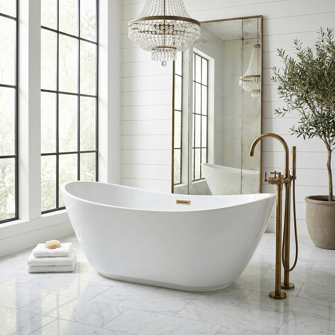 62 Inch Soaking Bathtub In Glossy White With Brushed Gold Trim - View 2 - Joshua Marshal