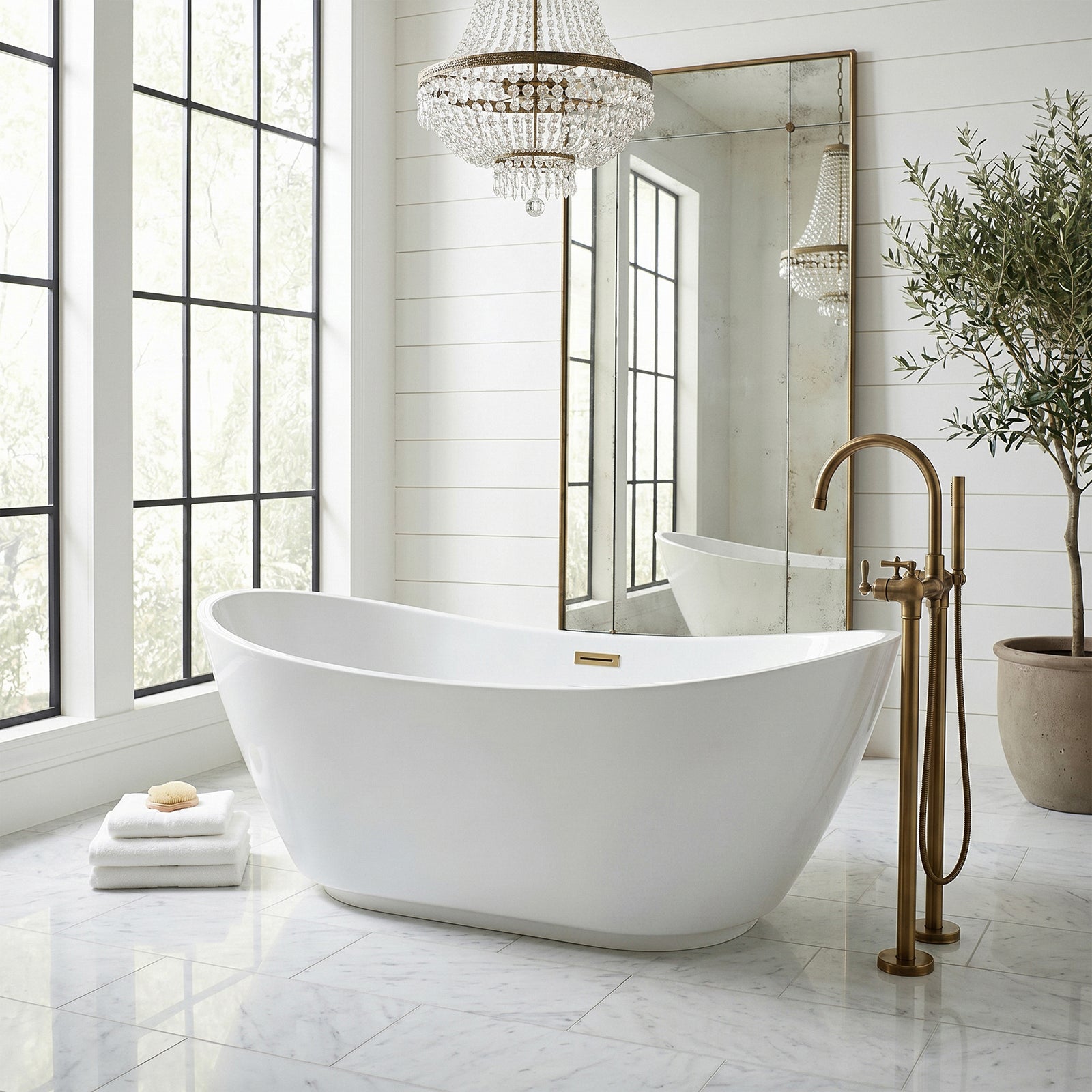 62 Inch Soaking Bathtub In Glossy White With Brushed Gold Trim - View 2 - Joshua Marshal