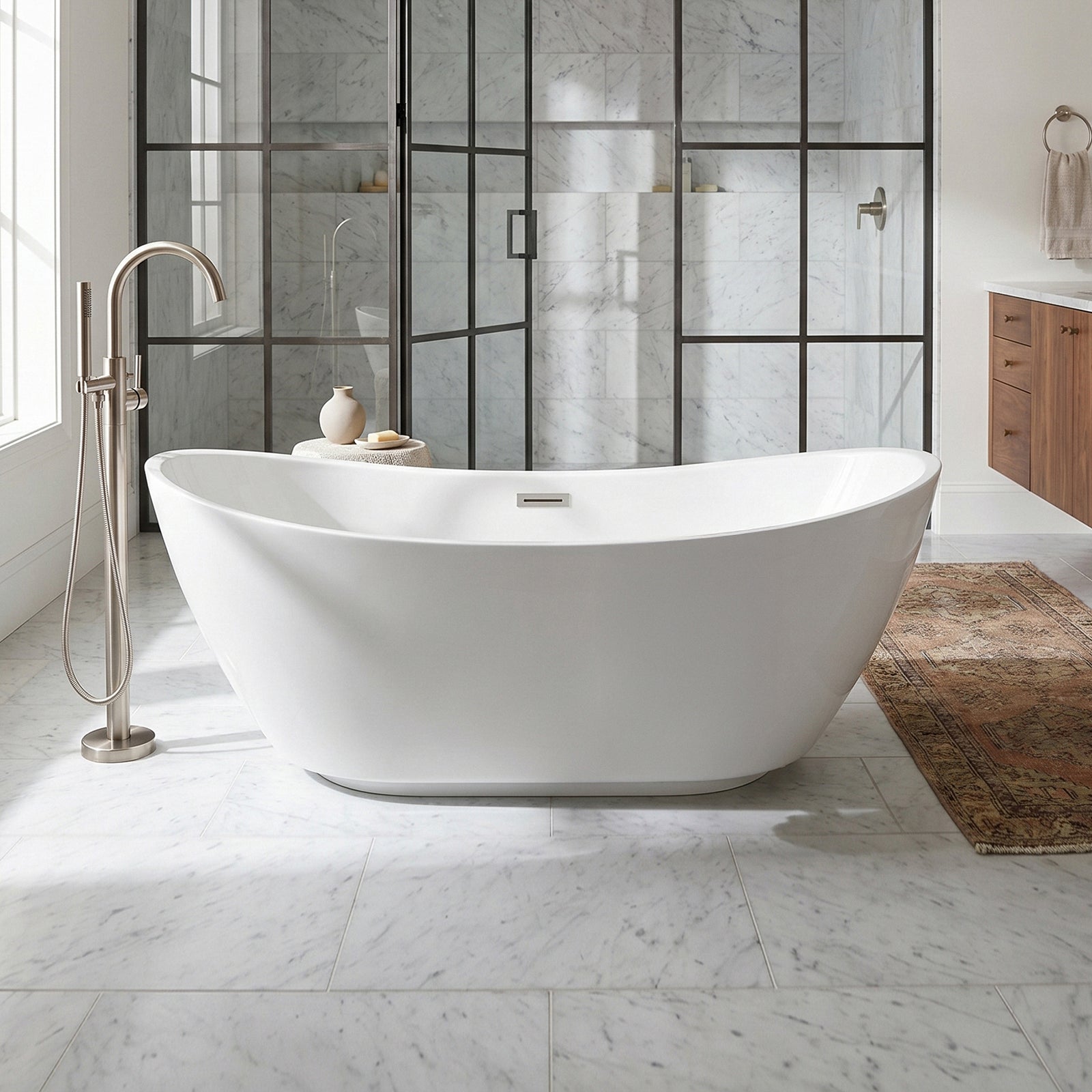 62 Inch Soaking Bathtub In Glossy White With Brushed Nickel Trim Glossy White Finish - KITCHEN & BATH by Joshua Marshal