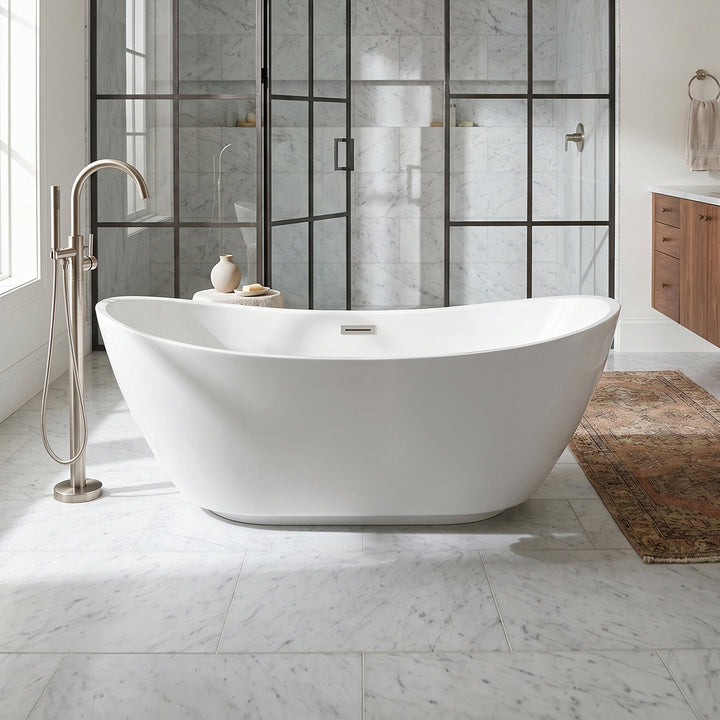 62 Inch Soaking Bathtub In Glossy White With Brushed Nickel Trim Glossy White Finish - KITCHEN & BATH by Joshua Marshal