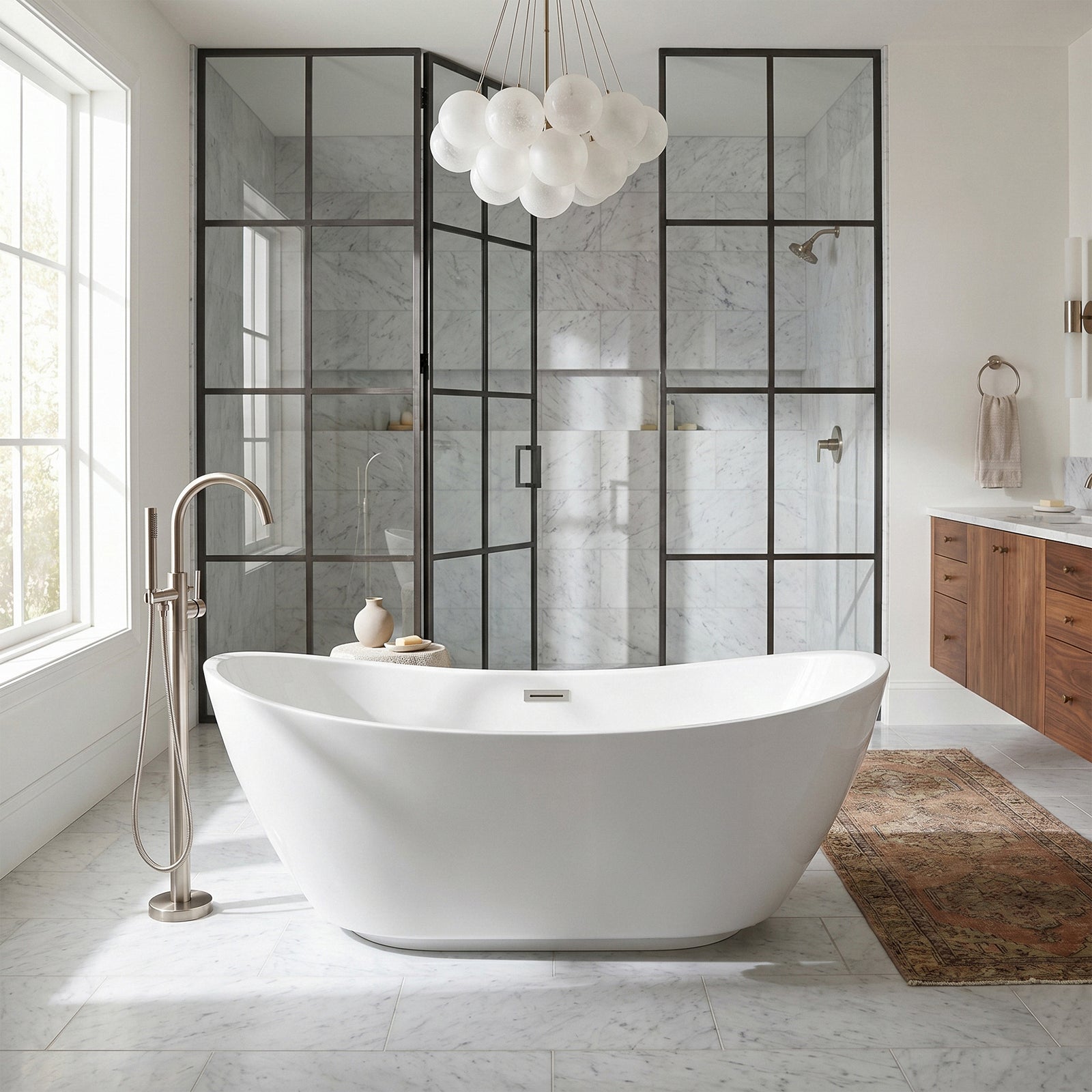 62 Inch Soaking Bathtub In Glossy White With Brushed Nickel Trim - View 2 - Joshua Marshal