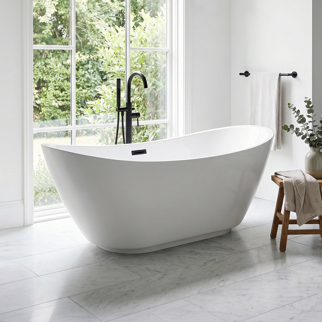 62 Inch Soaking Bathtub In Glossy White With Matte Black Trim Glossy White Finish - KITCHEN & BATH by Joshua Marshal