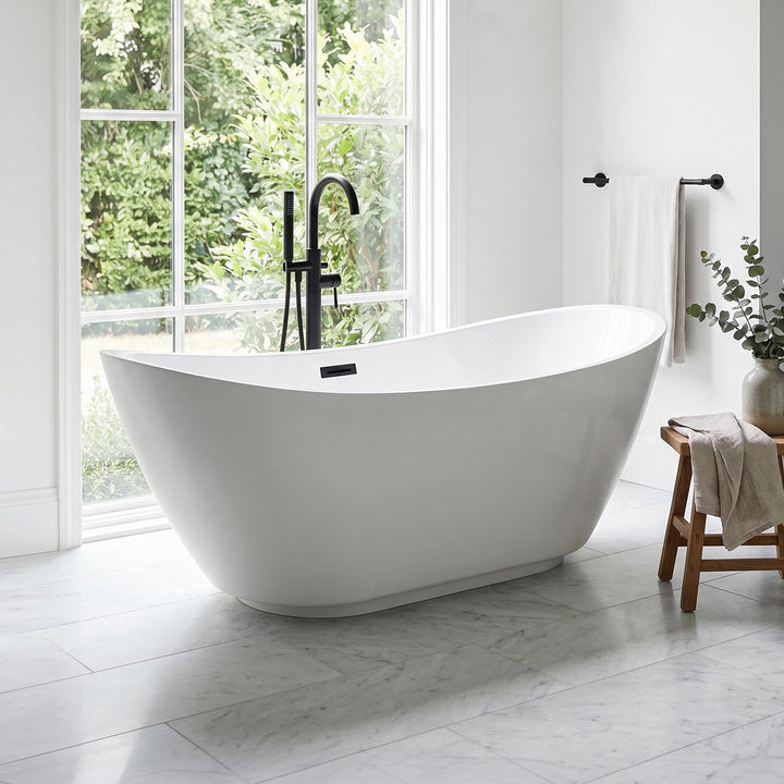 62 Inch Soaking Bathtub In Glossy White With Matte Black Trim Glossy White Finish - KITCHEN & BATH by Joshua Marshal