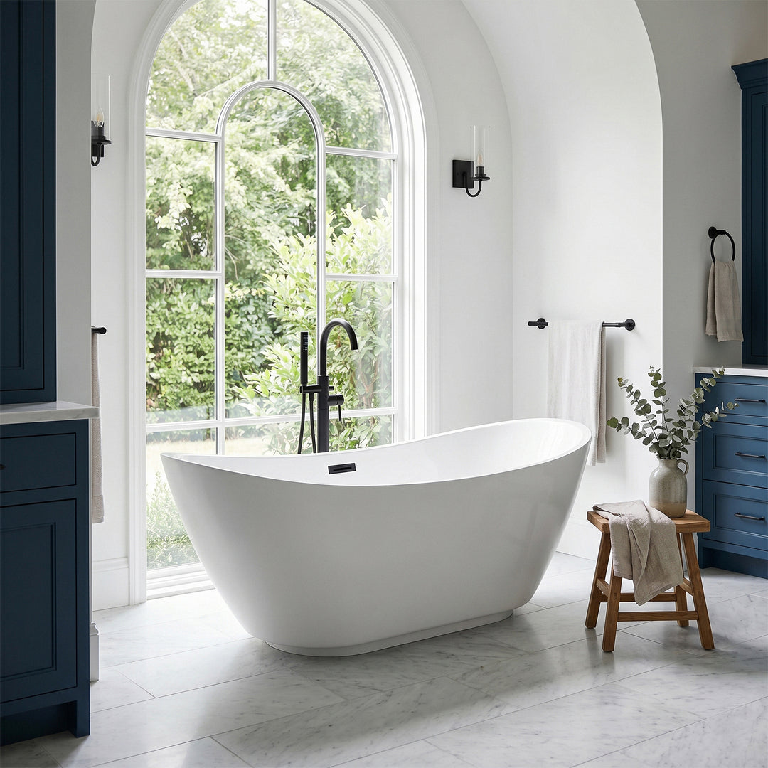 62 Inch Soaking Bathtub In Glossy White With Matte Black Trim - View 2 - Joshua Marshal
