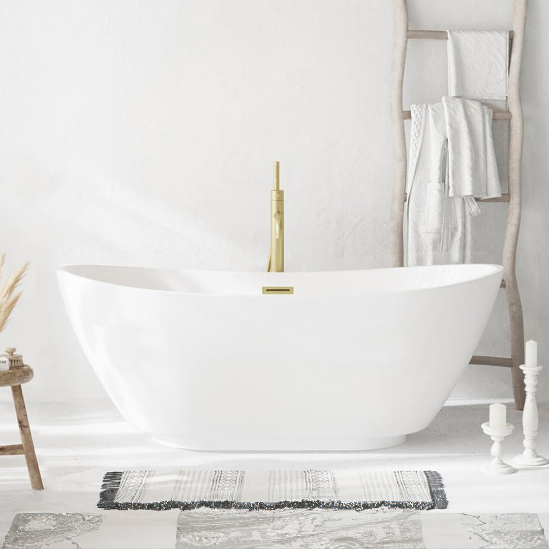 67 Inch Soaking Bathtub In Glossy White With Brushed Gold Trim Glossy White Finish - KITCHEN & BATH by Joshua Marshal