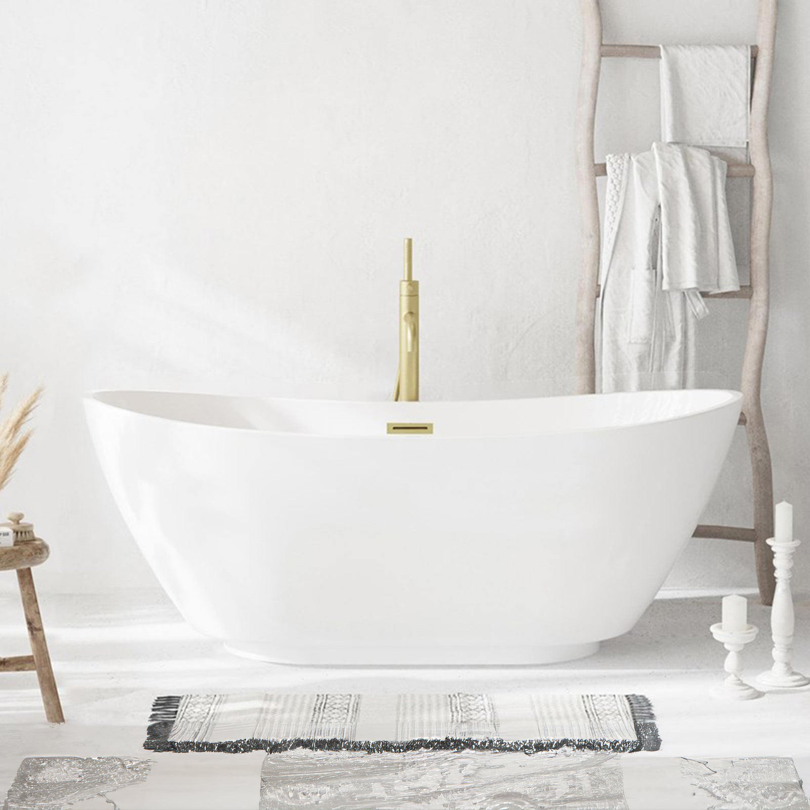 67 Inch Soaking Bathtub In Glossy White With Brushed Gold Trim Glossy White Finish - KITCHEN & BATH by Joshua Marshal