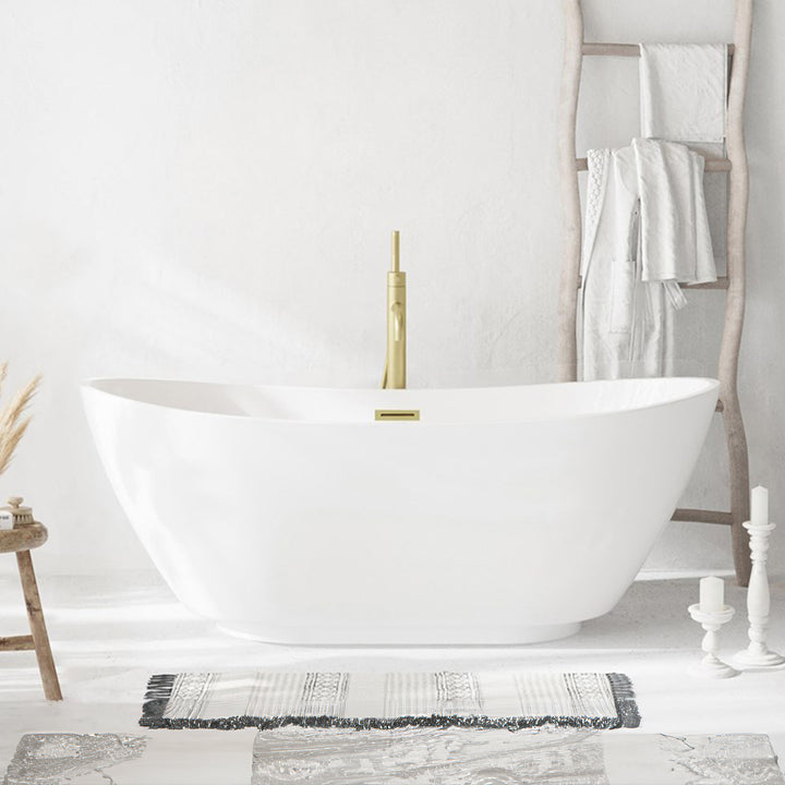 67 Inch Soaking Bathtub In Glossy White With Brushed Gold Trim Glossy White Finish - KITCHEN & BATH by Joshua Marshal