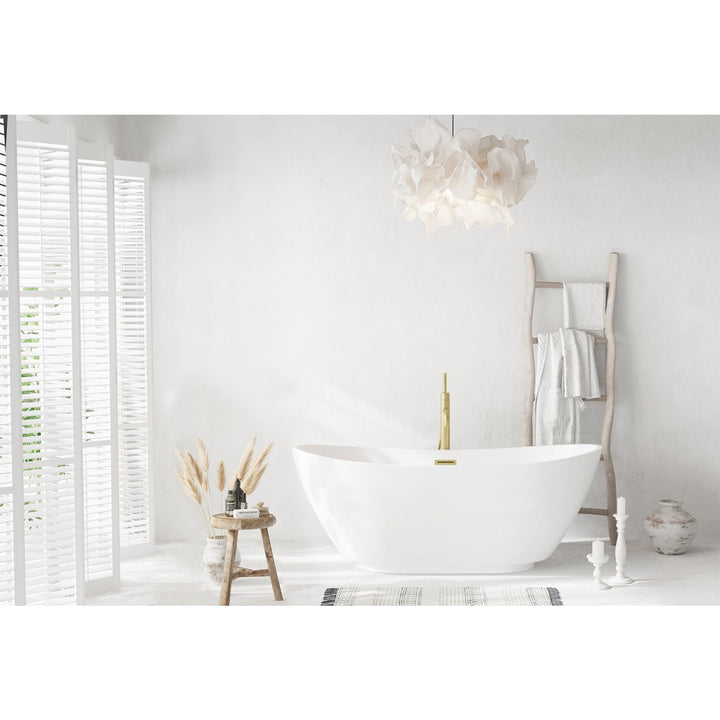 67 Inch Soaking Bathtub In Glossy White With Brushed Gold Trim - View 2 - Joshua Marshal