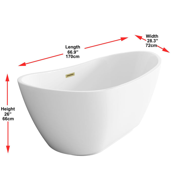 67 Inch Soaking Bathtub In Glossy White With Brushed Gold Trim - View 6 - Joshua Marshal