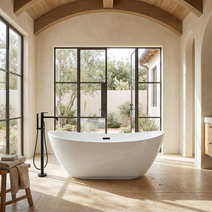 67 Inch Soaking Bathtub In Glossy White With Matte Black Trim - View 2 - Joshua Marshal