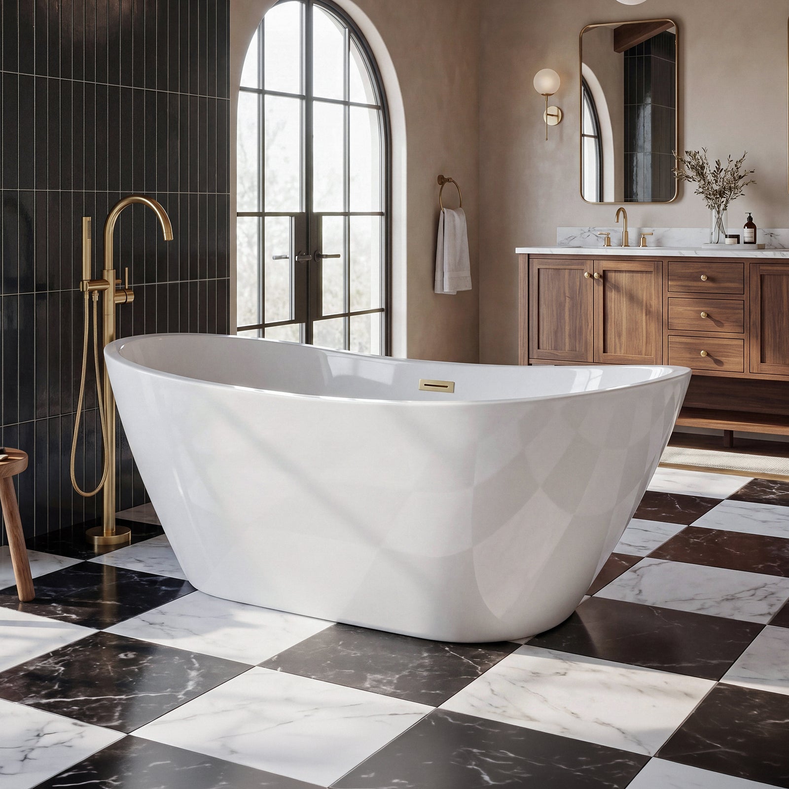 72 Inch Soaking Bathtub In Glossy White With Brushed Gold Trim Glossy White Finish - KITCHEN & BATH by Joshua Marshal