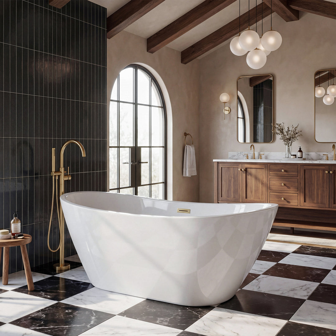 72 Inch Soaking Bathtub In Glossy White With Brushed Gold Trim - View 2 - Joshua Marshal
