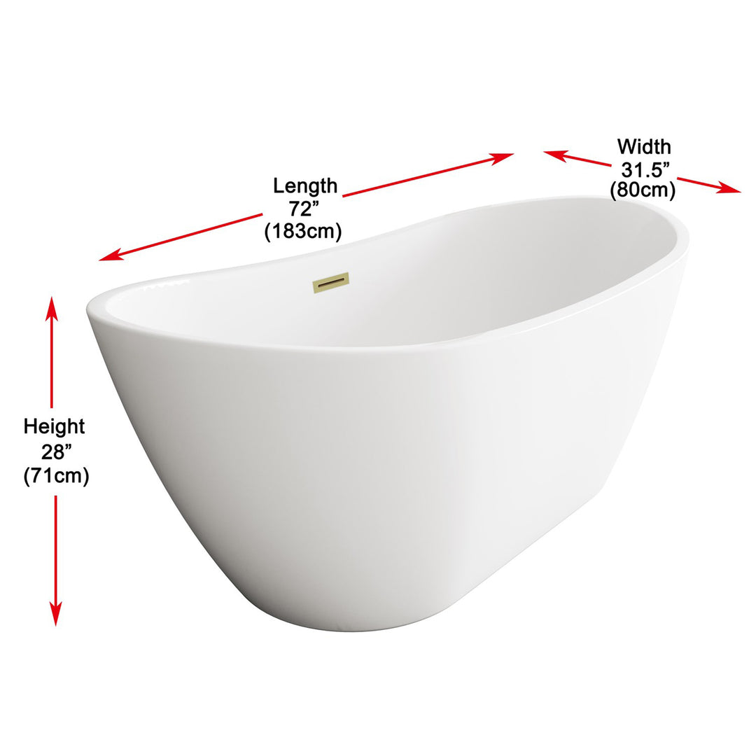 72 Inch Soaking Bathtub In Glossy White With Brushed Gold Trim - View 6 - Joshua Marshal