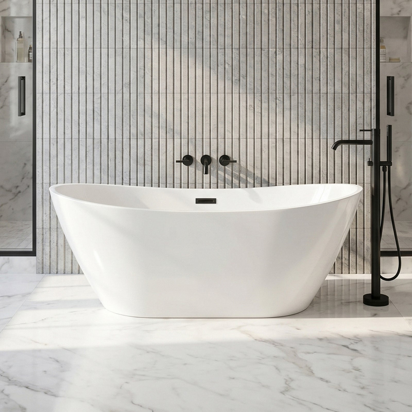 72 Inch Soaking Bathtub In Glossy White With Matte Black Trim Glossy White Finish - KITCHEN & BATH by Joshua Marshal