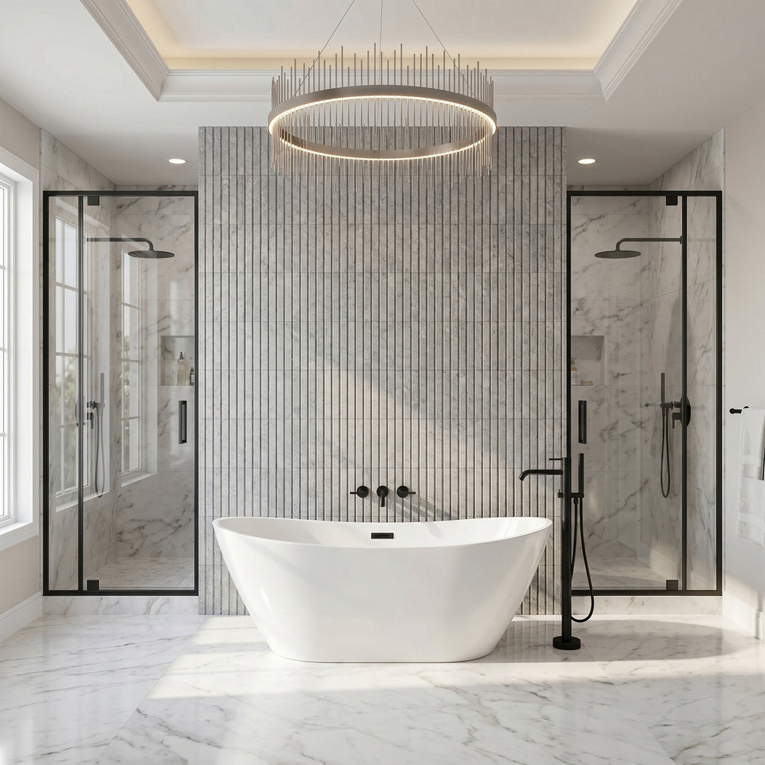 72 Inch Soaking Bathtub In Glossy White With Matte Black Trim - View 2 - Joshua Marshal
