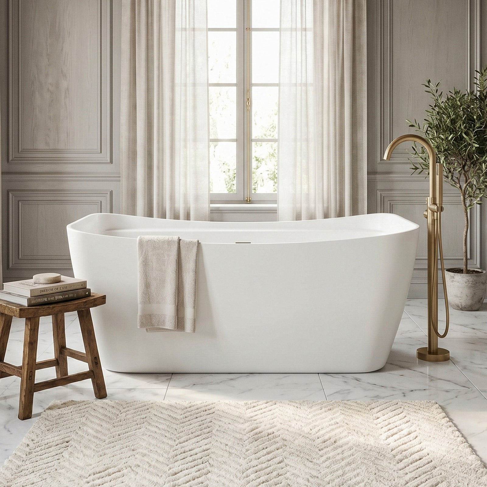 59 Inch Soaking Bathtub In Glossy White With Brushed Gold Trim Glossy White Finish - KITCHEN & BATH by Joshua Marshal