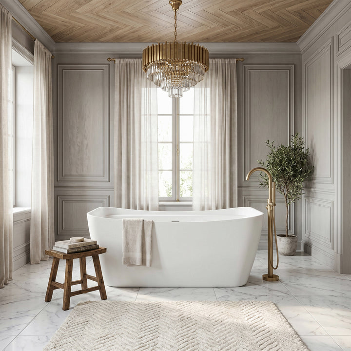59 Inch Soaking Bathtub In Glossy White With Brushed Gold Trim - View 2 - Joshua Marshal