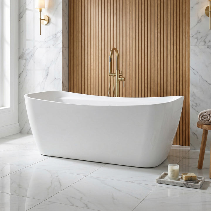 67 Inch Soaking Bathtub In Glossy White With Brushed Gold Trim Glossy White Finish - KITCHEN & BATH by Joshua Marshal