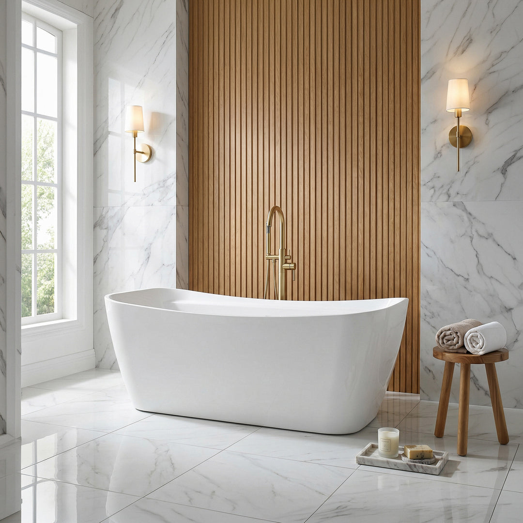 67 Inch Soaking Bathtub In Glossy White With Brushed Gold Trim - View 2 - Joshua Marshal
