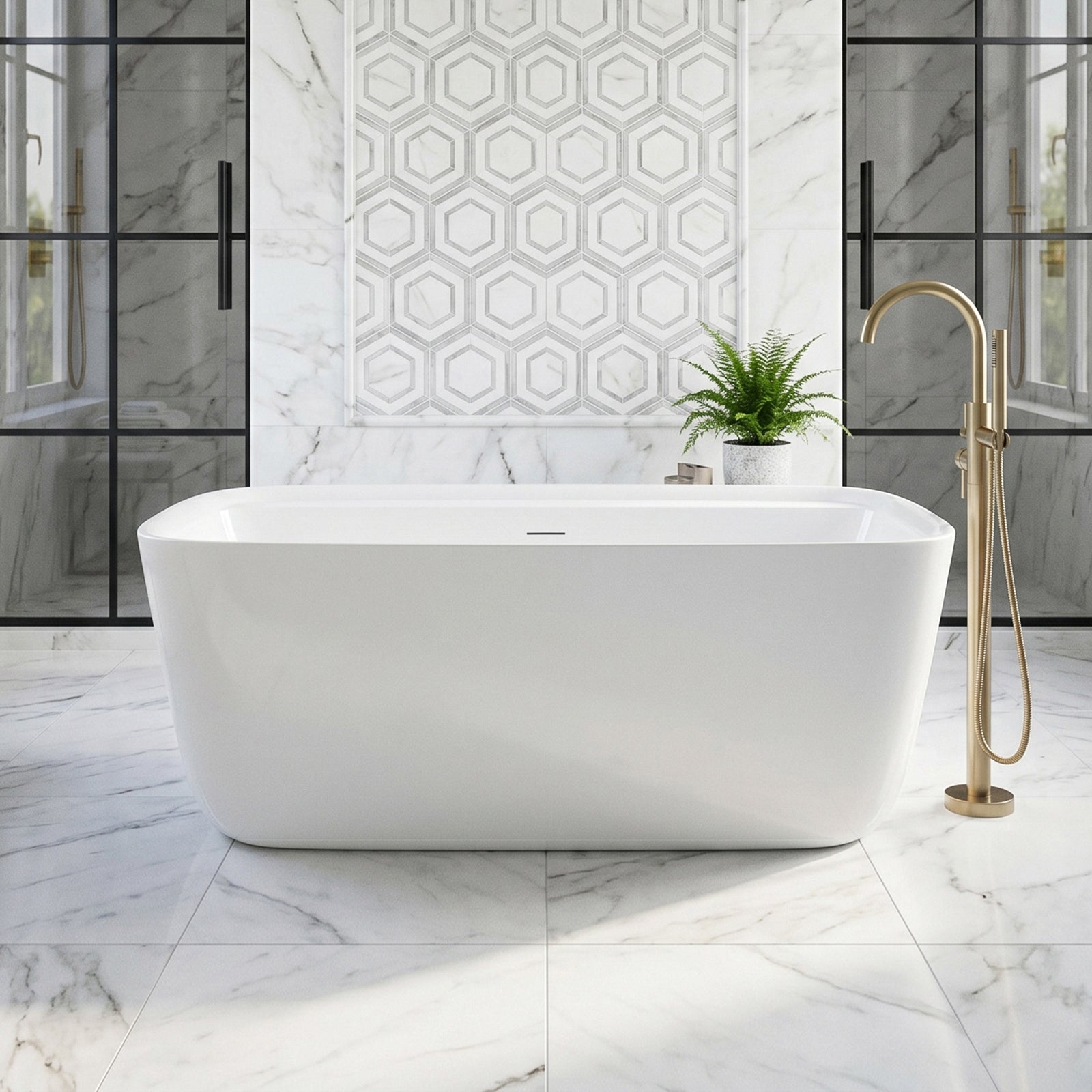 59 Inch Soaking Bathtub In Glossy White With Brushed Gold Trim Glossy White Finish - KITCHEN & BATH by Joshua Marshal