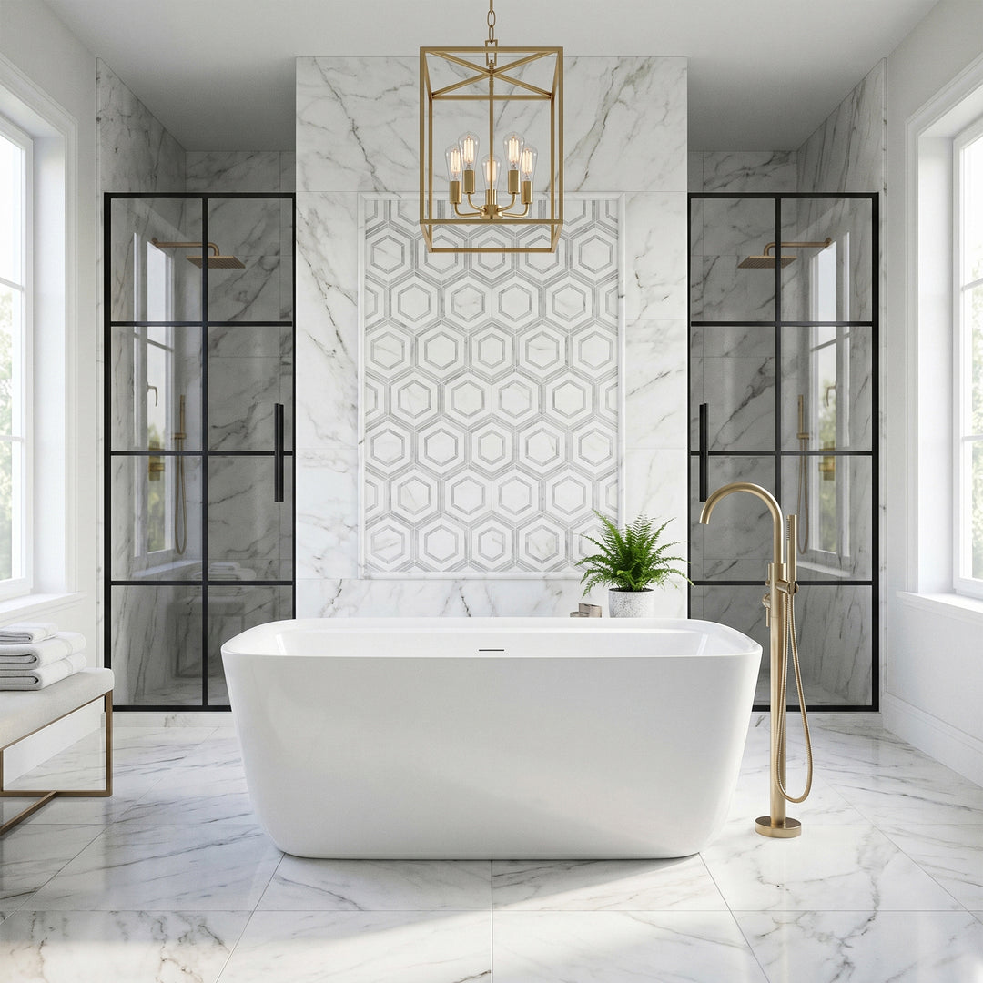 59 Inch Soaking Bathtub In Glossy White With Brushed Gold Trim - View 2 - Joshua Marshal