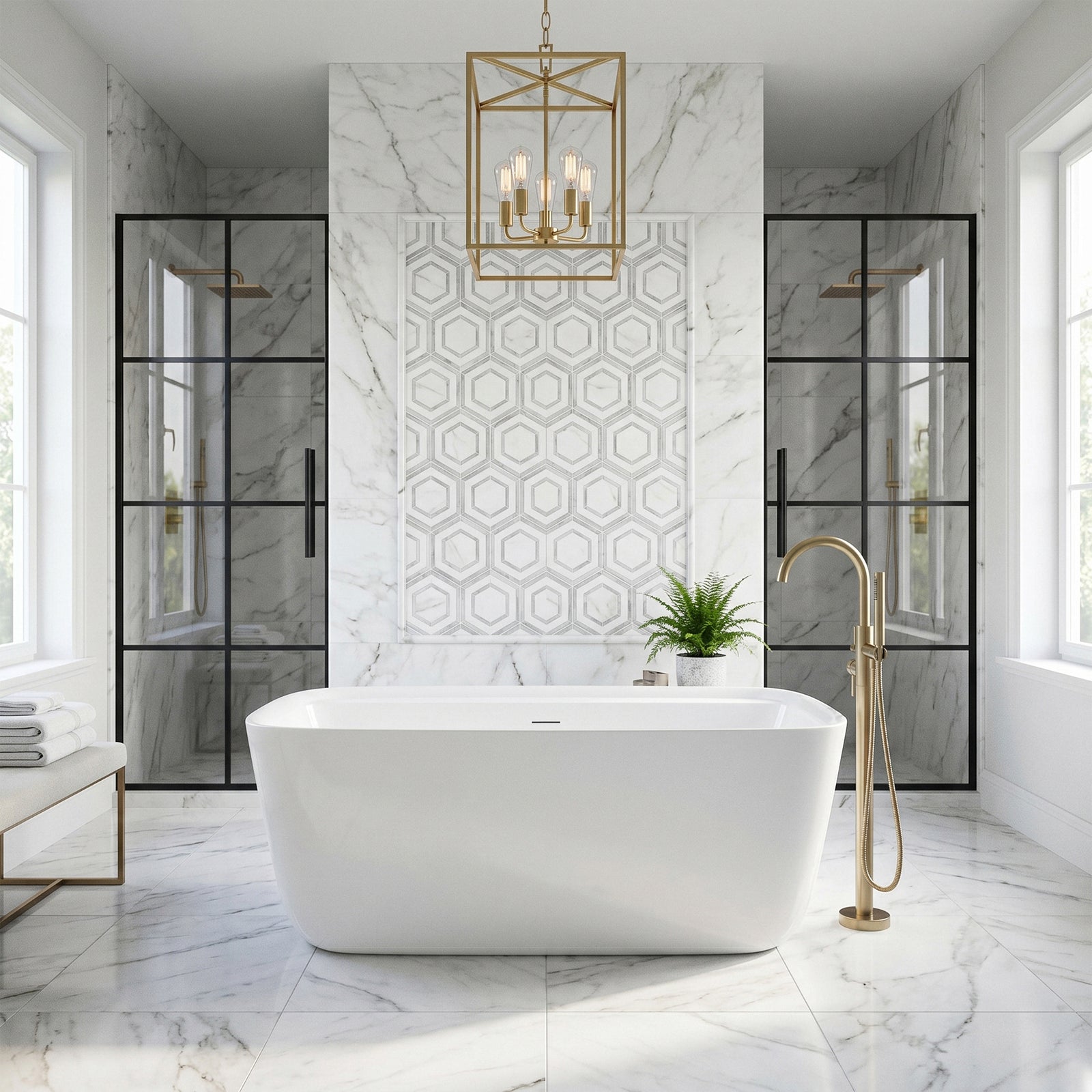 59 Inch Soaking Bathtub In Glossy White With Brushed Gold Trim - View 2 - Joshua Marshal