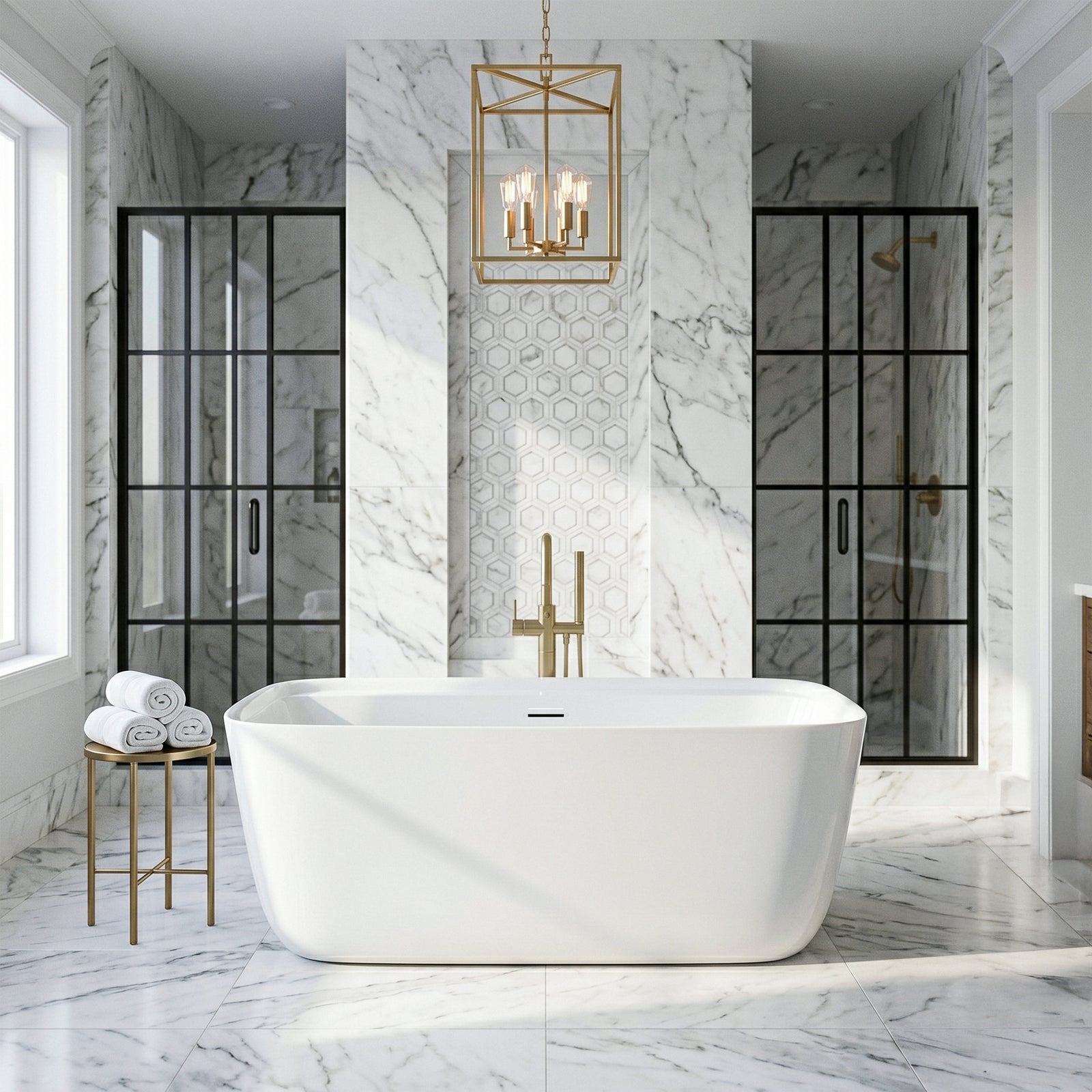 59 Inch Soaking Bathtub In Glossy White With Matte Black Trim - View 2 - Joshua Marshal