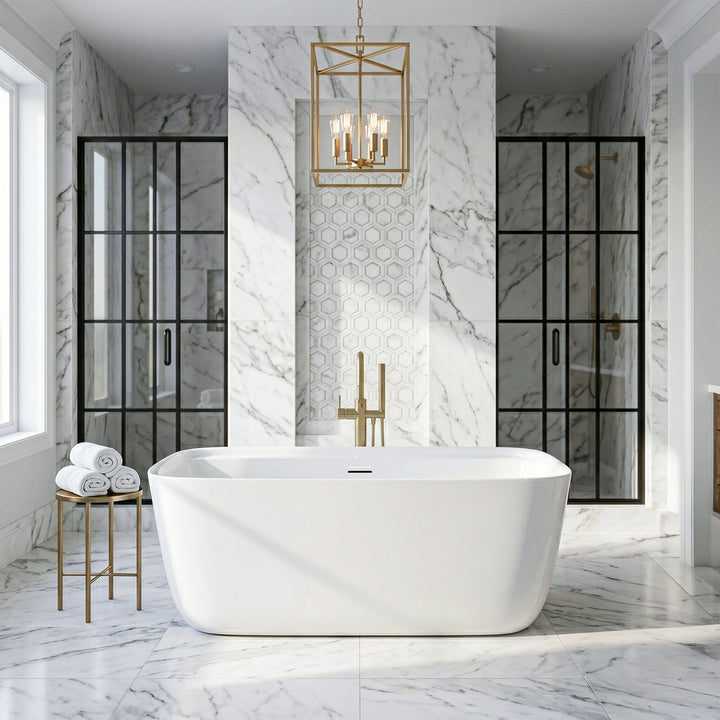 59 Inch Soaking Bathtub In Glossy White With Matte Black Trim - View 2 - Joshua Marshal