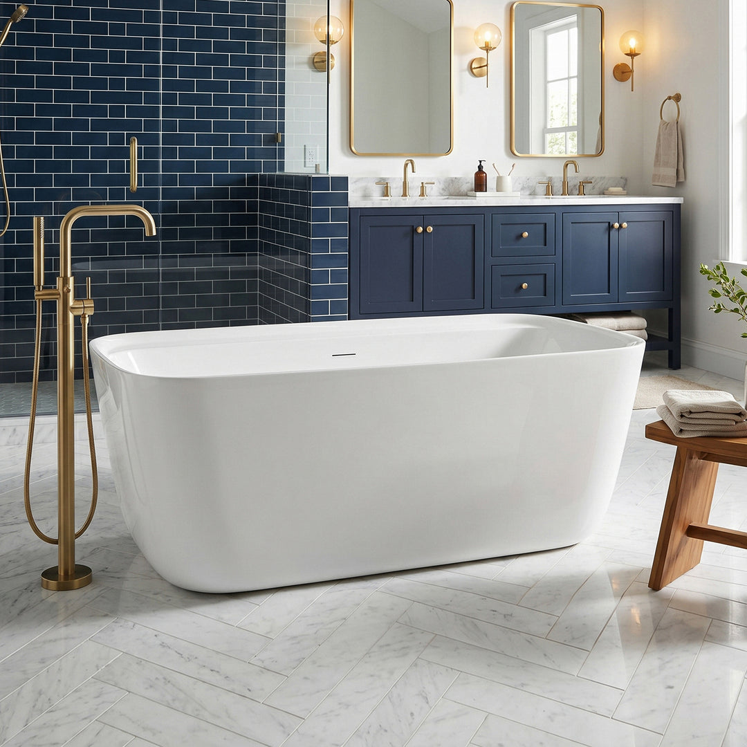 67 Inch Soaking Bathtub In Glossy White With Brushed Gold Trim Glossy White Finish - KITCHEN & BATH by Joshua Marshal