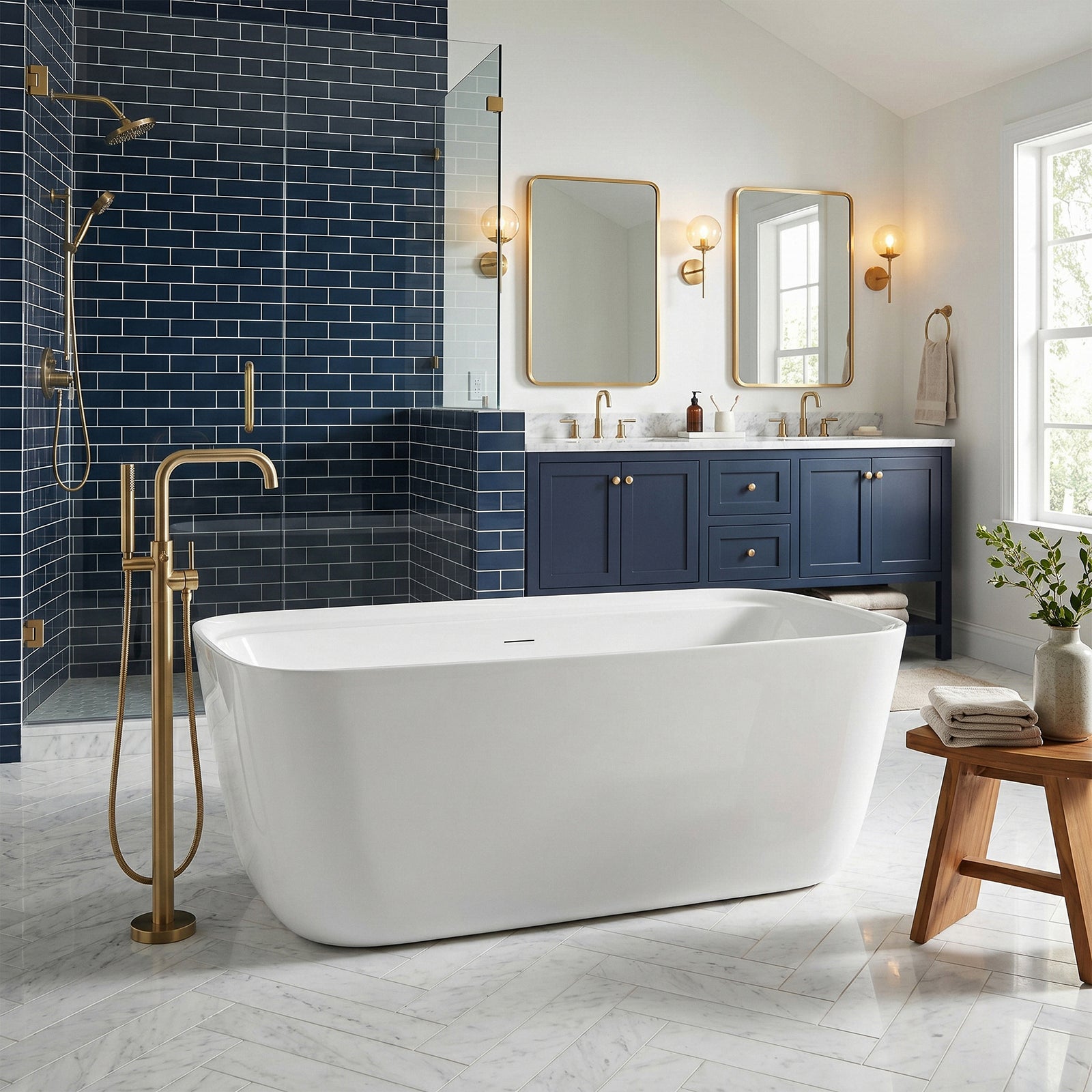 67 Inch Soaking Bathtub In Glossy White With Brushed Gold Trim - View 2 - Joshua Marshal