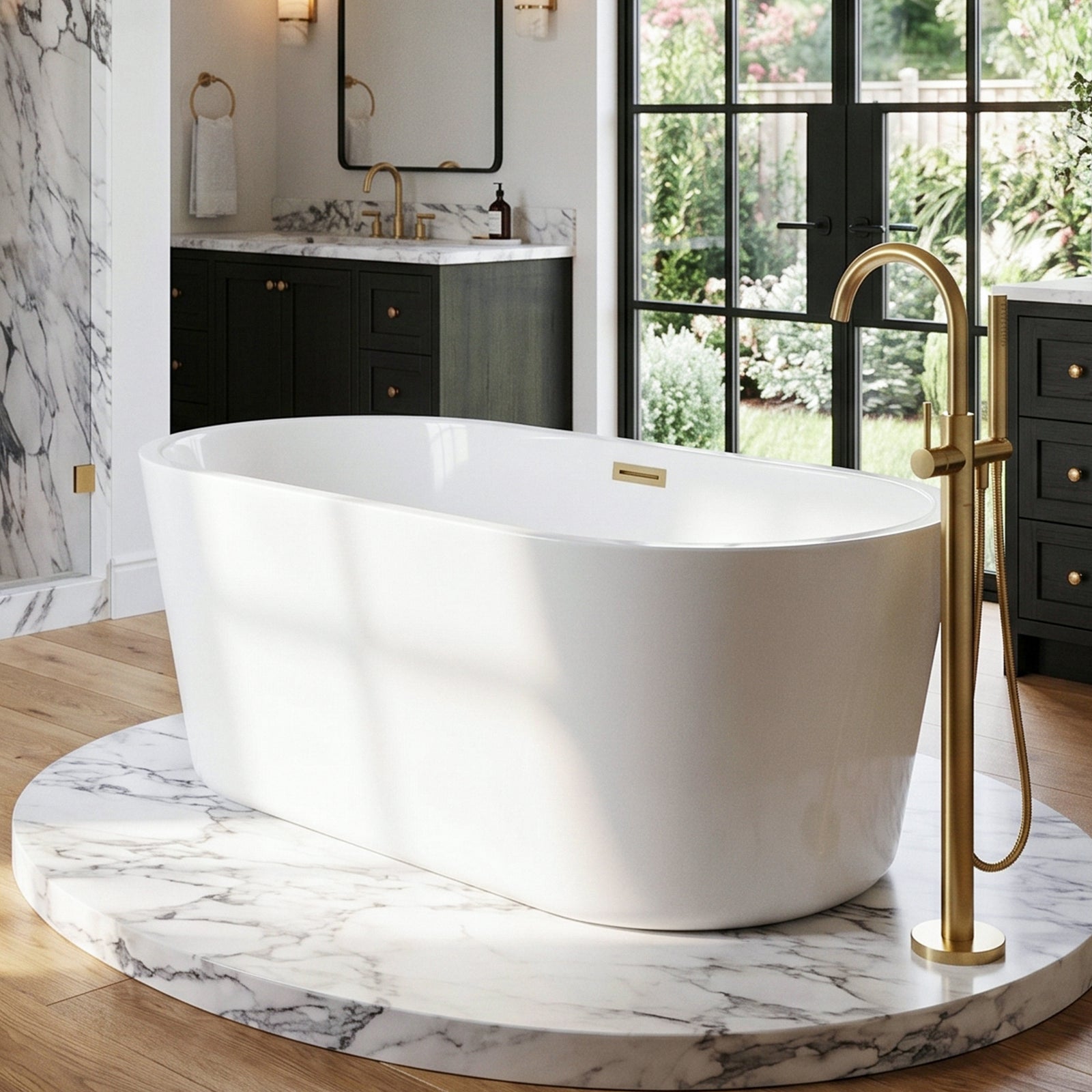59 Inch Soaking Bathtub In Glossy White With Brushed Gold Trim Glossy White Finish - KITCHEN & BATH by Joshua Marshal