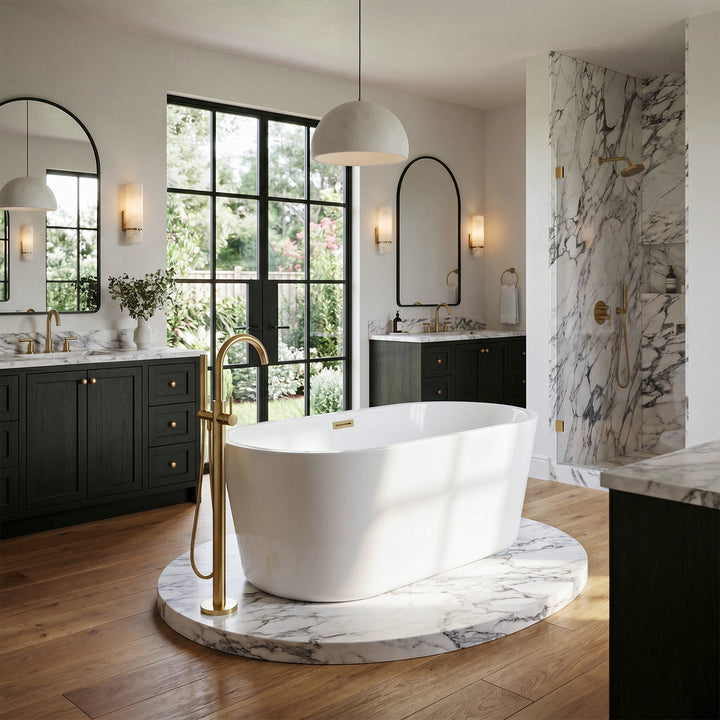 59 Inch Soaking Bathtub In Glossy White With Brushed Gold Trim - View 2 - Joshua Marshal