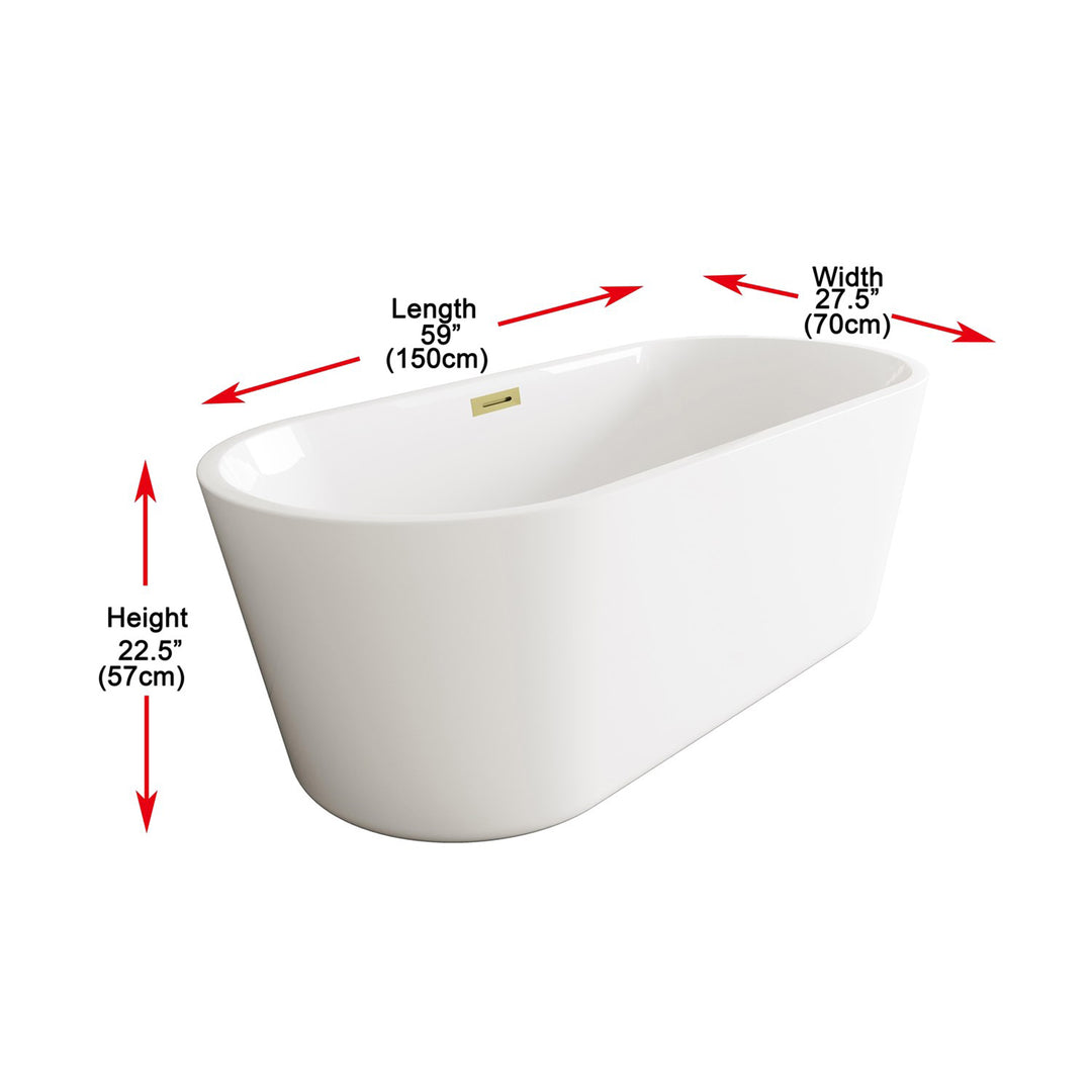 59 Inch Soaking Bathtub In Glossy White With Brushed Gold Trim - View 4 - Joshua Marshal