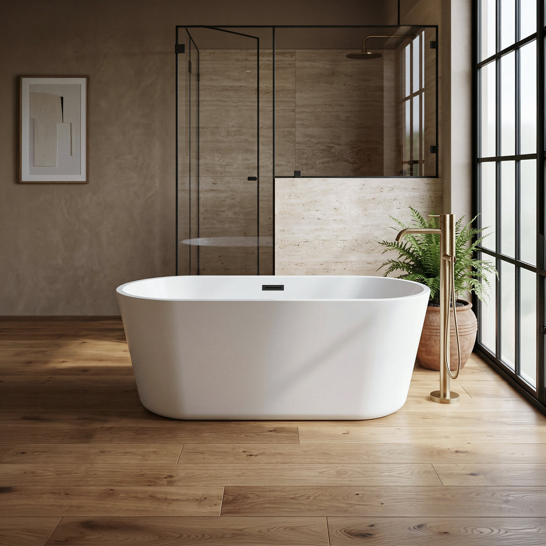 59 Inch Soaking Bathtub In Glossy White With Matte Black Trim - View 2 - Joshua Marshal