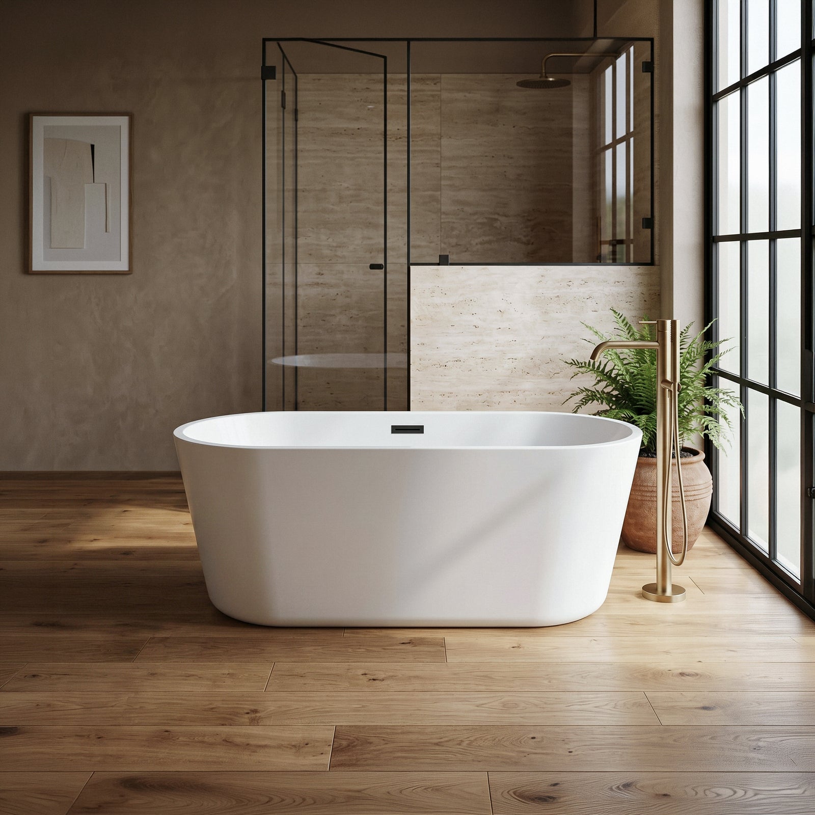 59 Inch Soaking Bathtub In Glossy White With Matte Black Trim - View 2 - Joshua Marshal