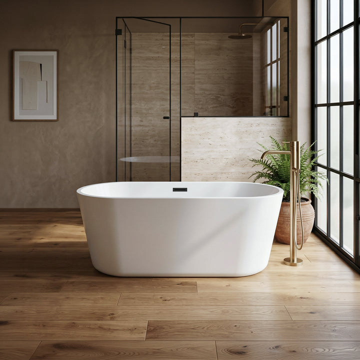 59 Inch Soaking Bathtub In Glossy White With Matte Black Trim - View 2 - Joshua Marshal