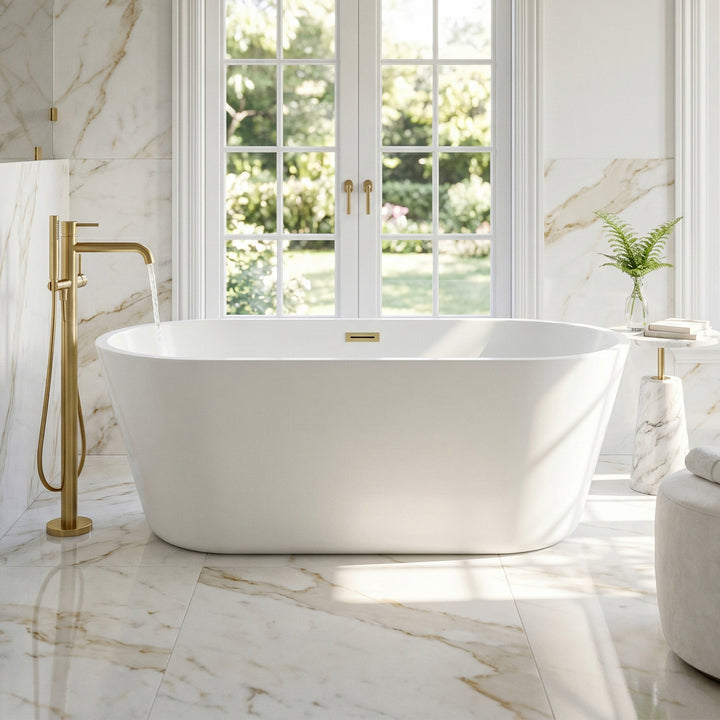 65 Inch Soaking Bathtub In Glossy White With Brushed Gold Trim Glossy White Finish - KITCHEN & BATH by Joshua Marshal