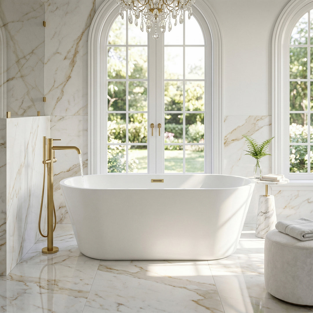 65 Inch Soaking Bathtub In Glossy White With Brushed Gold Trim - View 2 - Joshua Marshal