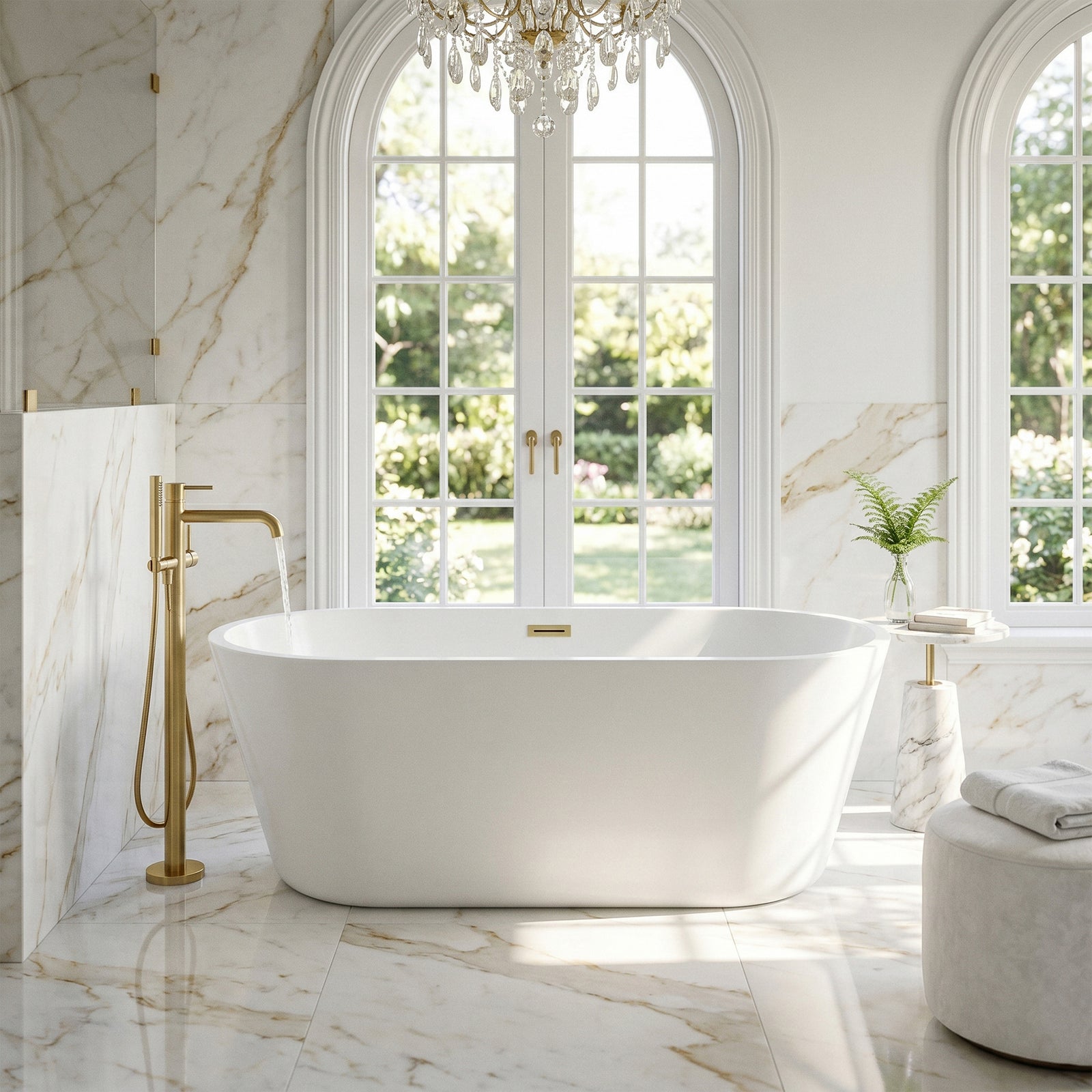 65 Inch Soaking Bathtub In Glossy White With Brushed Gold Trim - View 2 - Joshua Marshal
