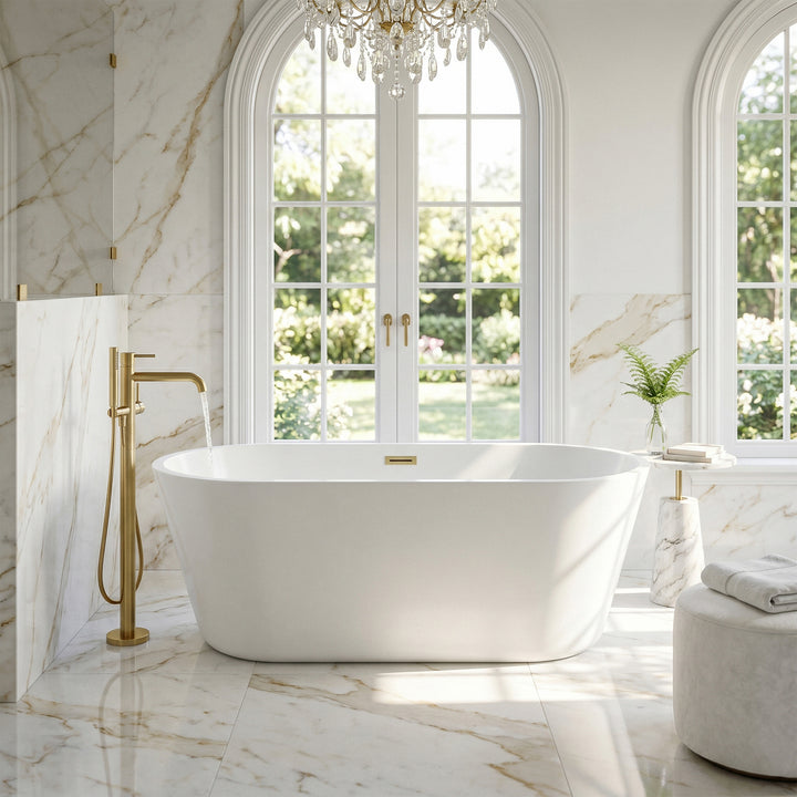 65 Inch Soaking Bathtub In Glossy White With Brushed Gold Trim - View 2 - Joshua Marshal