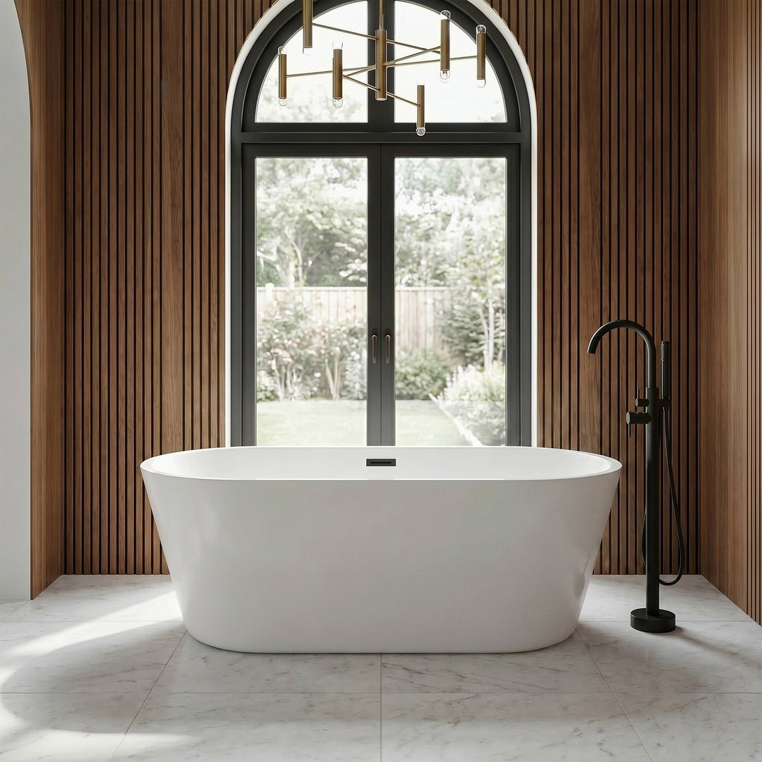 65 Inch Soaking Bathtub In Glossy White With Matte Black Trim - View 2 - Joshua Marshal