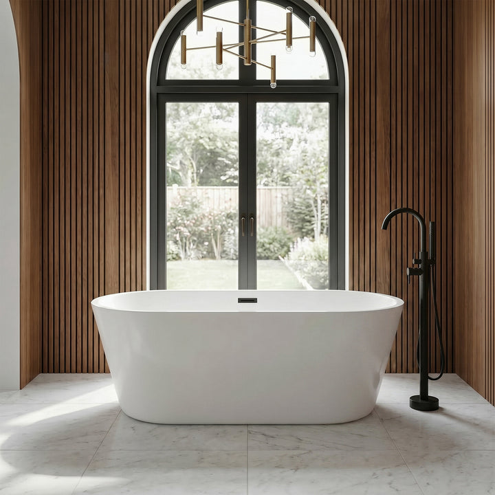 65 Inch Soaking Bathtub In Glossy White With Matte Black Trim - View 2 - Joshua Marshal