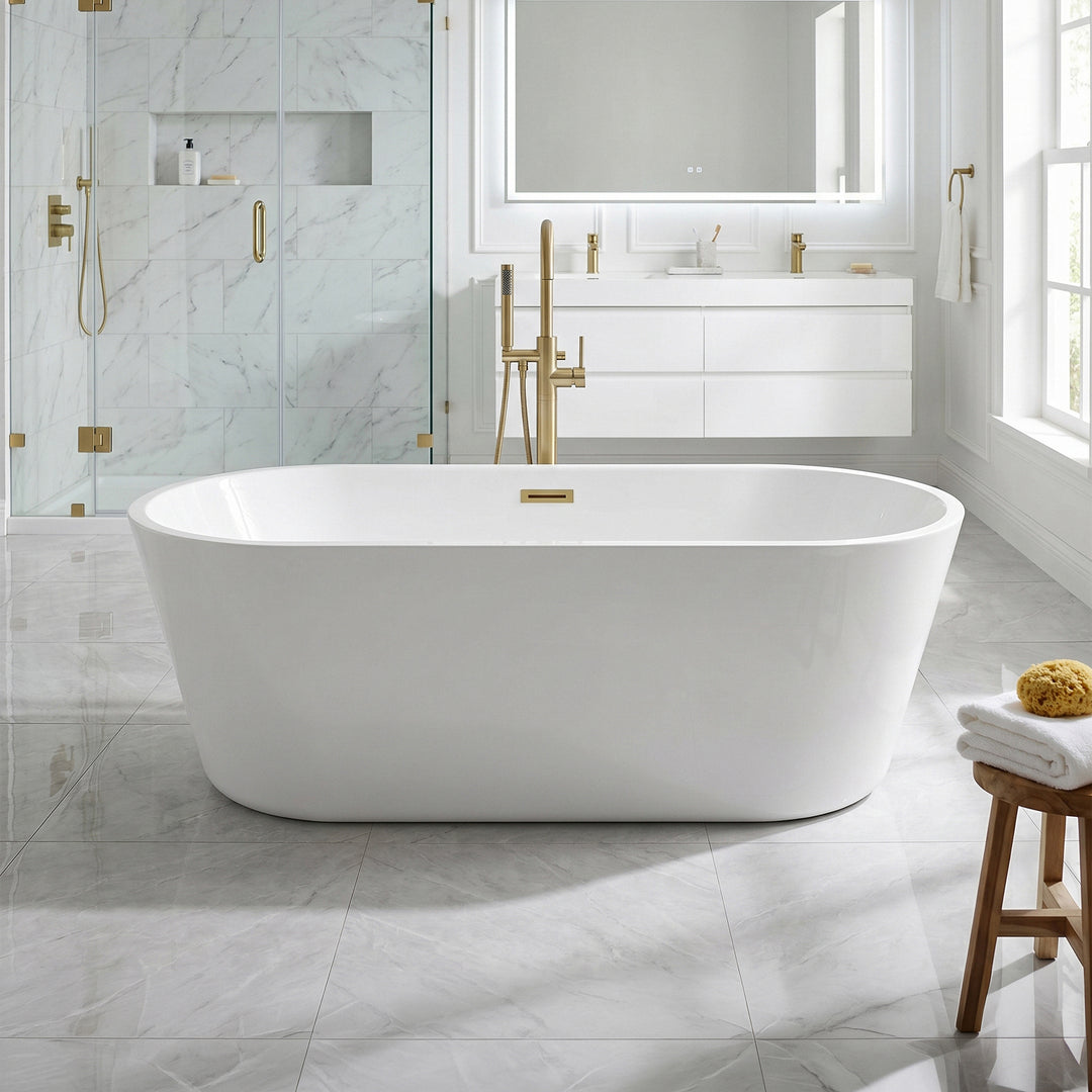 71 Inch Soaking Bathtub In Glossy White With Brushed Gold Trim Glossy White Finish - KITCHEN & BATH by Joshua Marshal