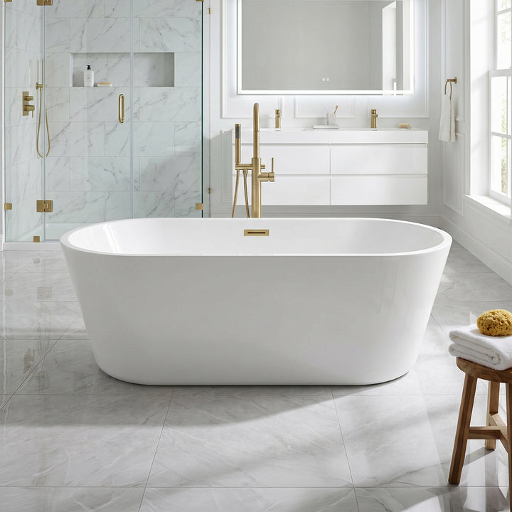 71 Inch Soaking Bathtub In Glossy White With Brushed Gold Trim Glossy White Finish - KITCHEN & BATH by Joshua Marshal