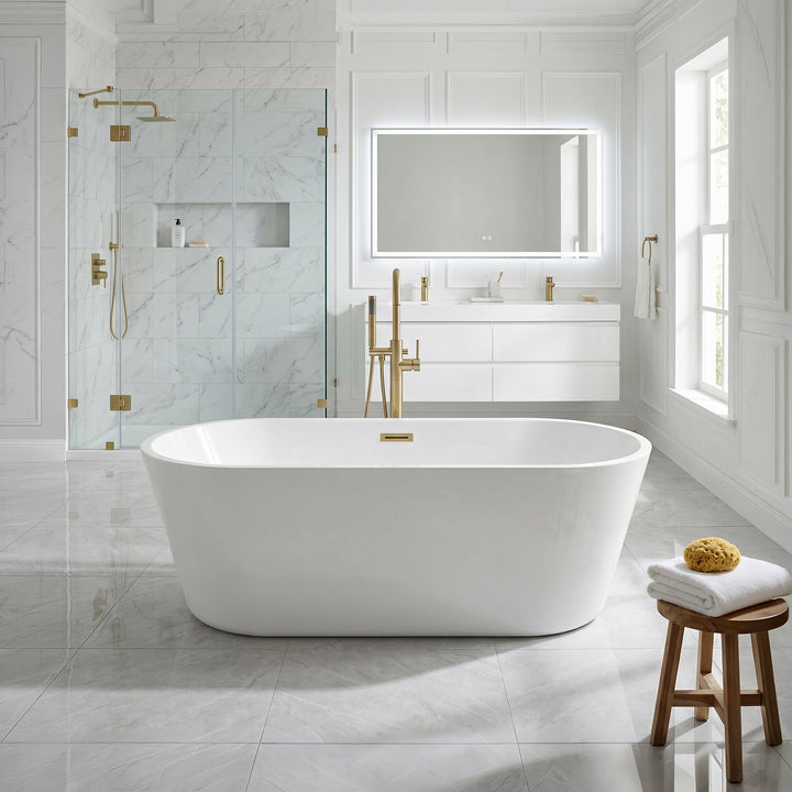 71 Inch Soaking Bathtub In Glossy White With Brushed Gold Trim - View 2 - Joshua Marshal