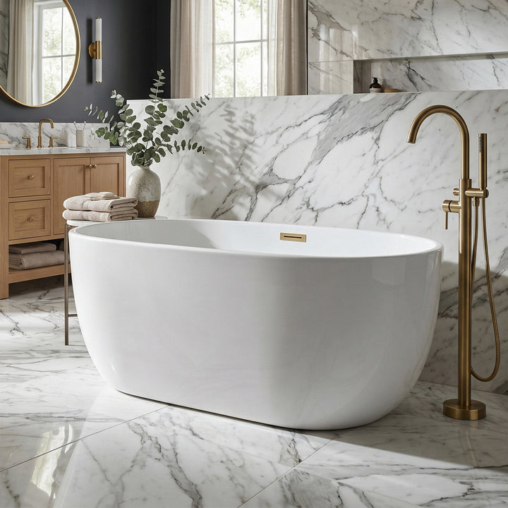 54 Inch Soaking Bathtub In Glossy White With Brushed Gold Trim Glossy White Finish - KITCHEN & BATH by Joshua Marshal